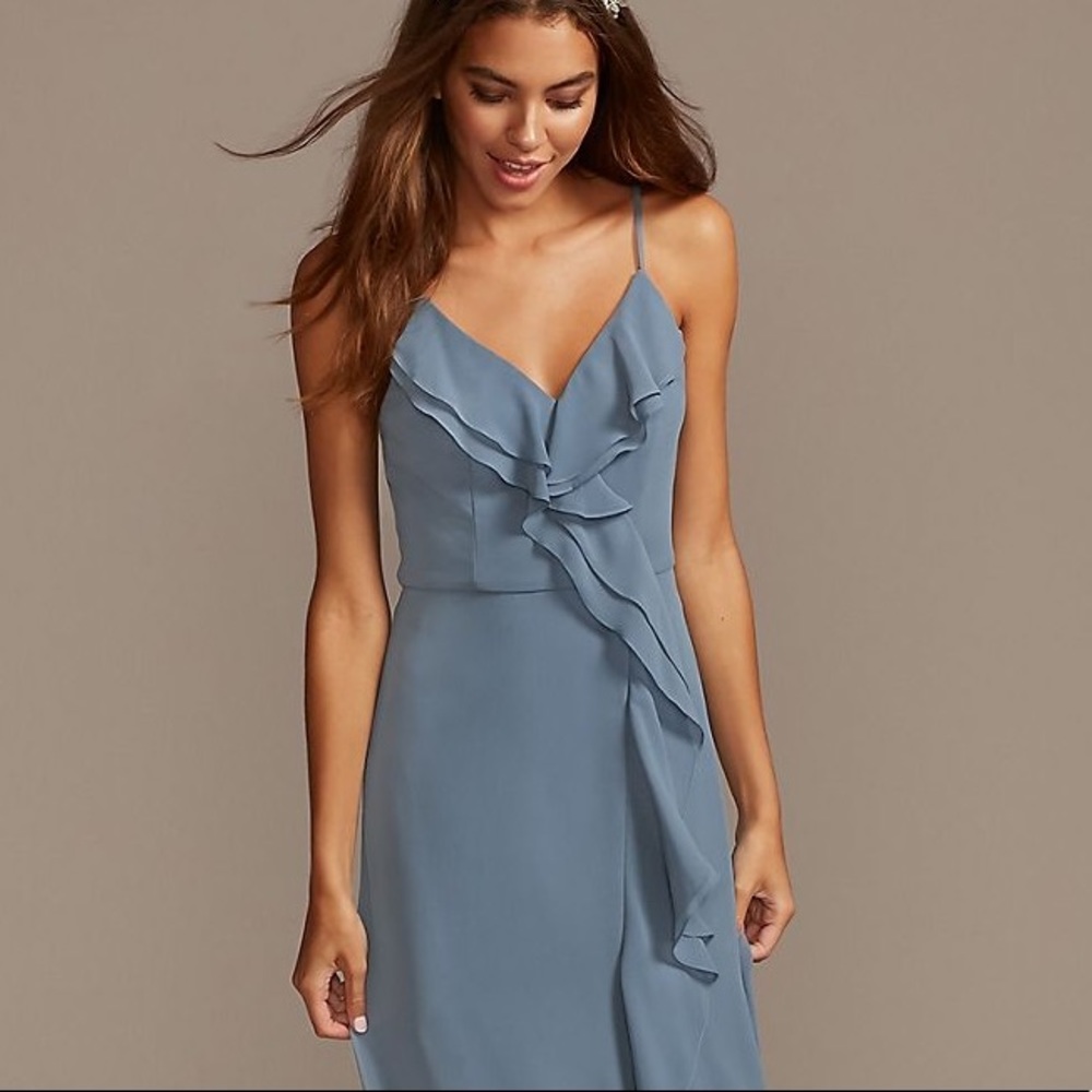 NWT DB STUDIO SLATE BLUE RUFFLE SPAGHETTI STRAP V NECK CHIFFON DRESS WITH SLIT